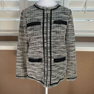 Cathy Daniels Womens S Zip Front Boucle Blazer Jacket Black Tweed Plaid Academia